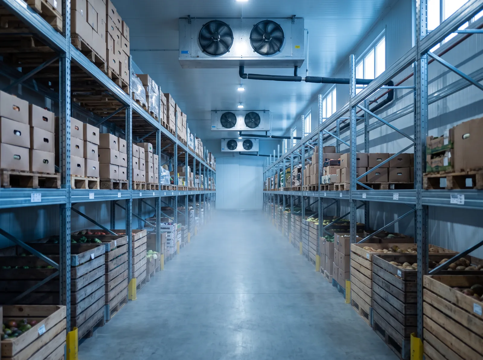 Almacén refrigerado con racks de producto y evaporadores industriales en el techo