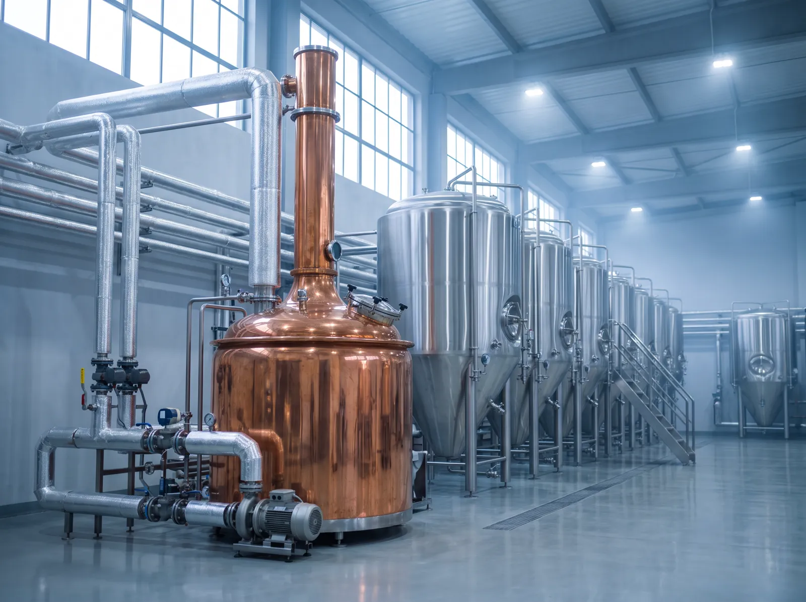 Planta de bebidas con alambique de cobre y tanques de fermentación de acero inoxidable